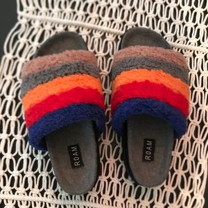 ROAM Multicolor Fuzzy Slide Sandals - Blue, Red, Orange, Gray, Tan